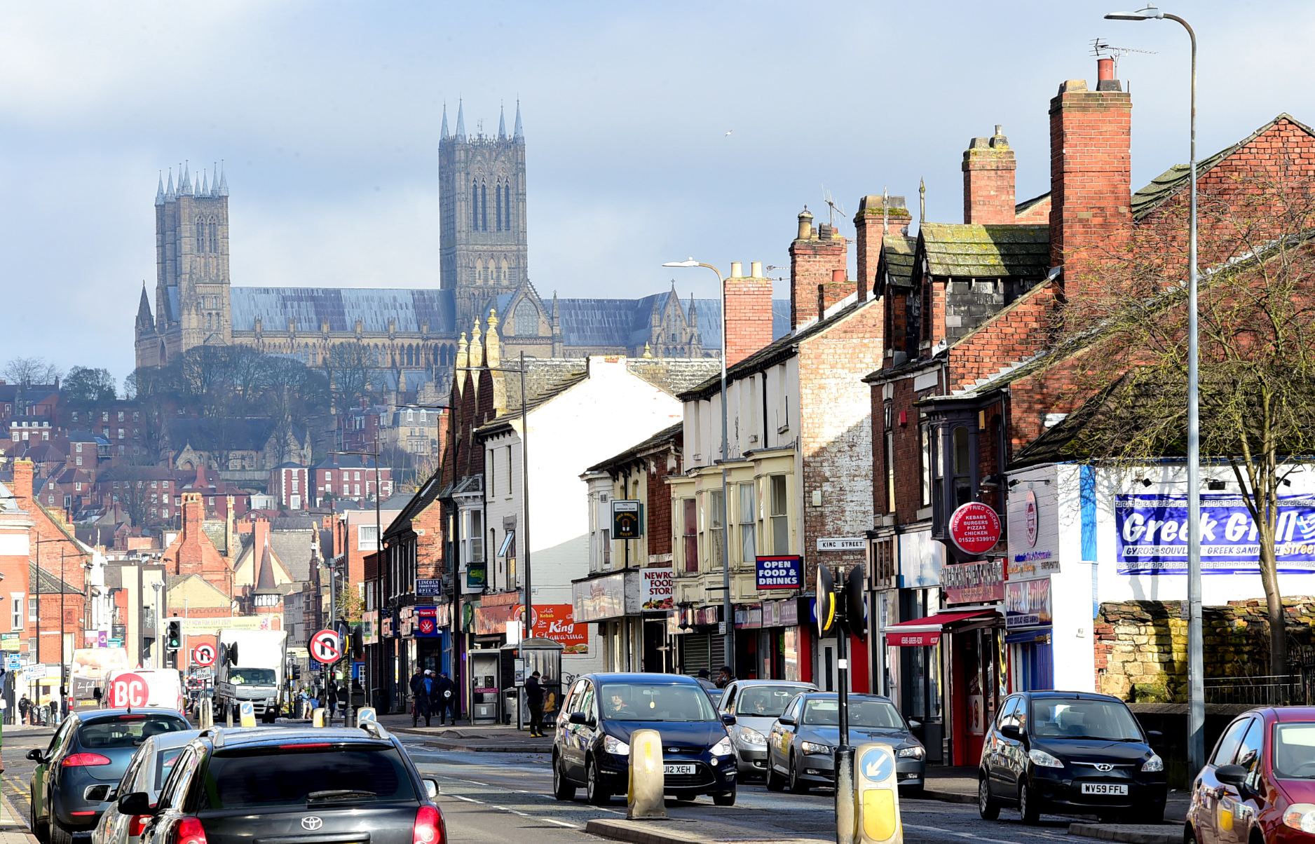 A view of Lincoln Cathedral from Lincoln High Street