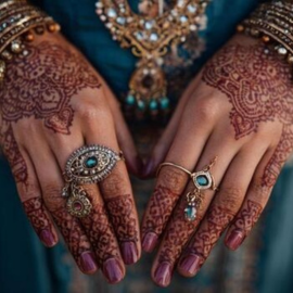 A woman's hands decorated with henna tattoos.