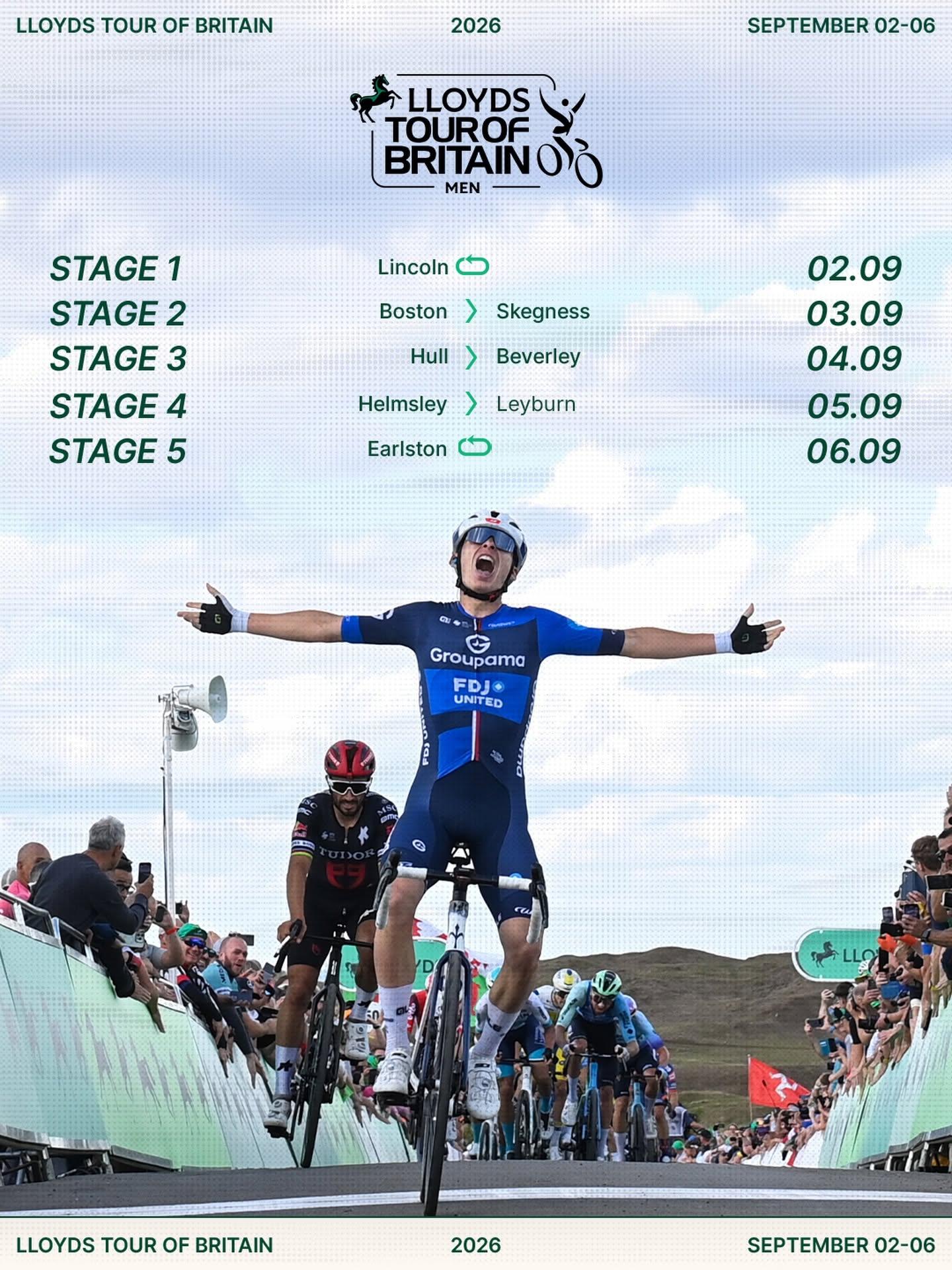 Tour of Britain Men 2026 graphic with locations of the different stages.