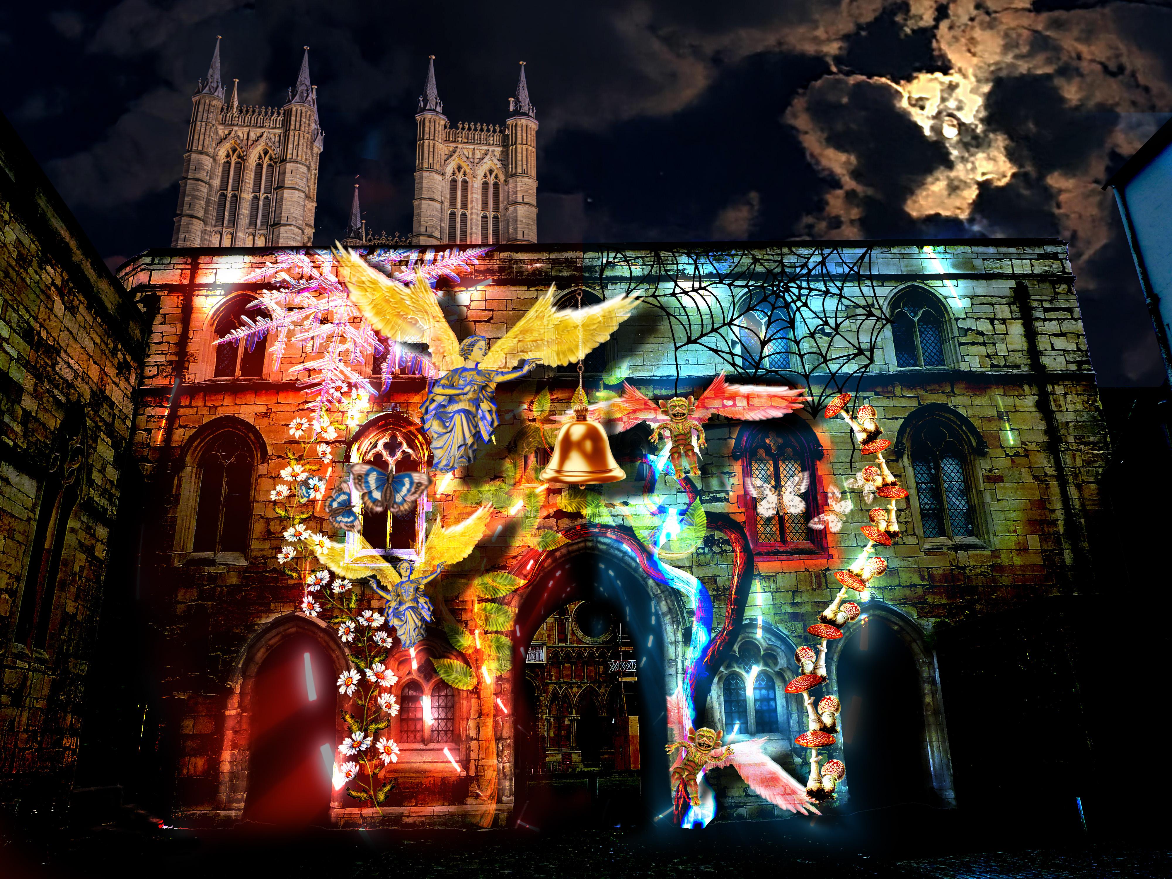 Lincoln Light's Angel and Demons light installation projected onto Exchequer Gate.