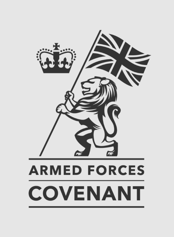 Graphic of a lion holding a Union Jack flag with a crown above him. The words “Armed Forces Covenant” are written below.