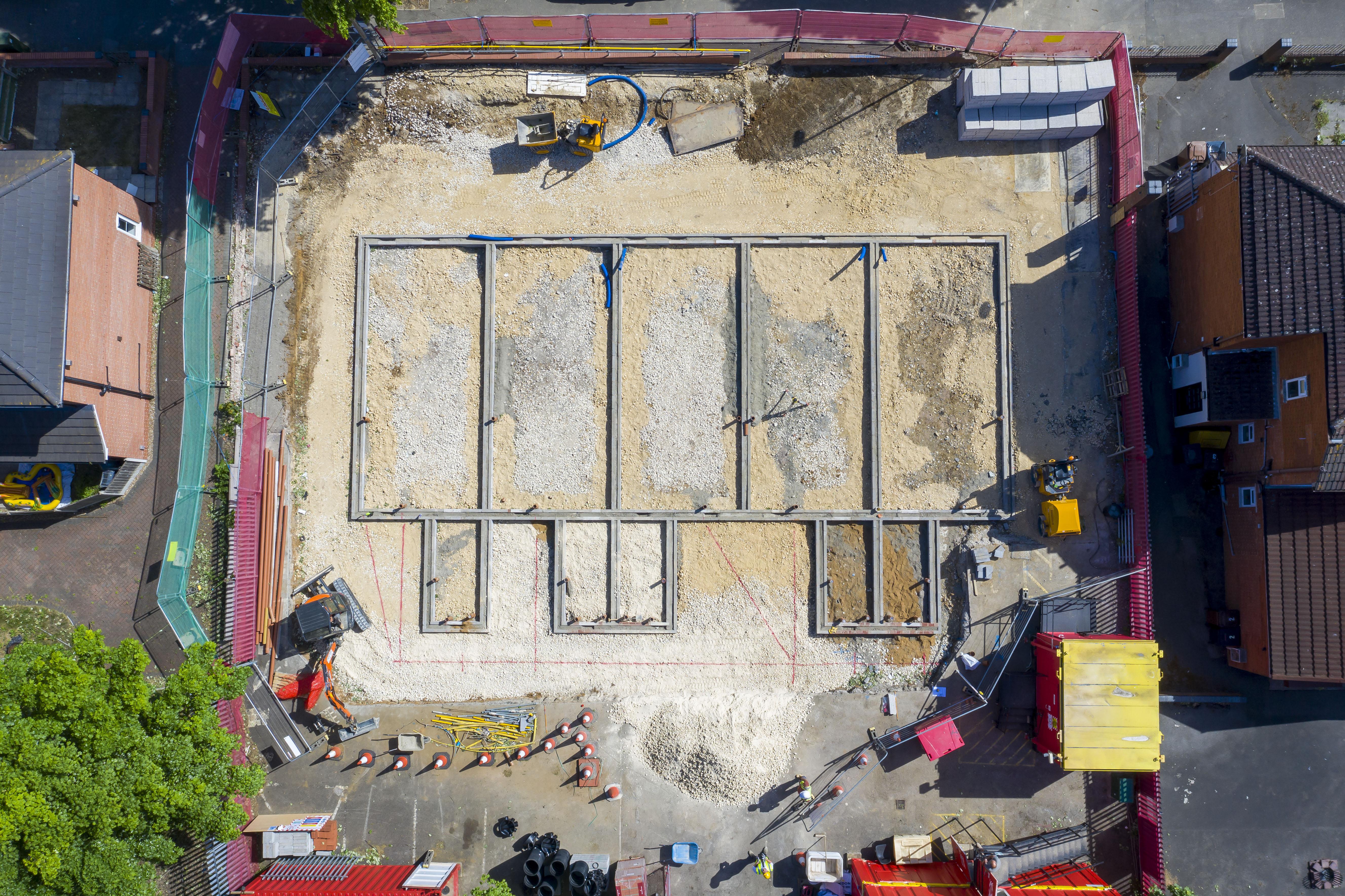 A birds eye view of construction work for new Council Homes