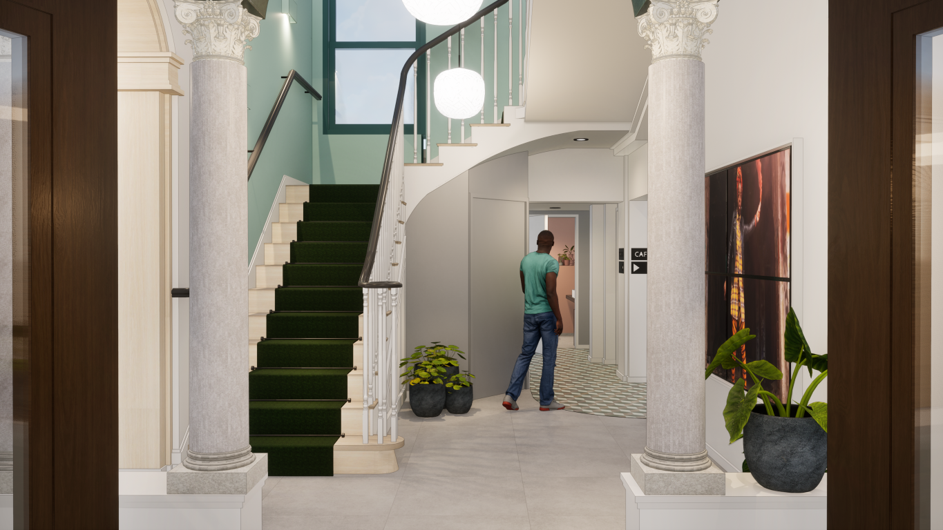 Barbican creative hub entranceway and staircase ground floor 