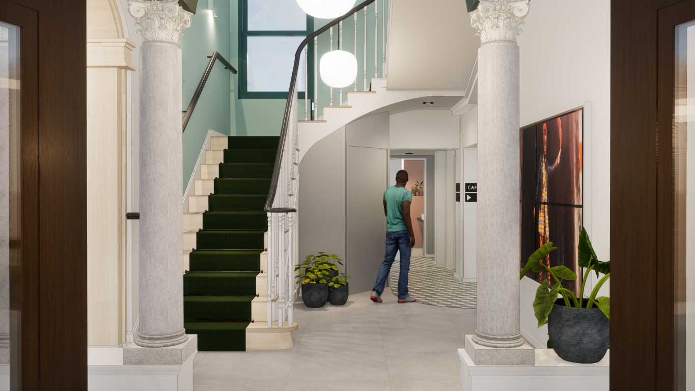 Barbican creative hub entranceway and staircase ground floor