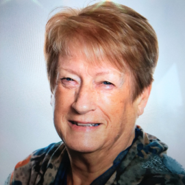 Cllr Brenda smiles at the camera wearing a colourful blue shirt.