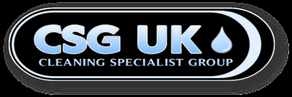 Logo is the letters ‘CSG UK’ in blue letters with a water drop next to it. The words “Cleaning Specialist Group” are below.