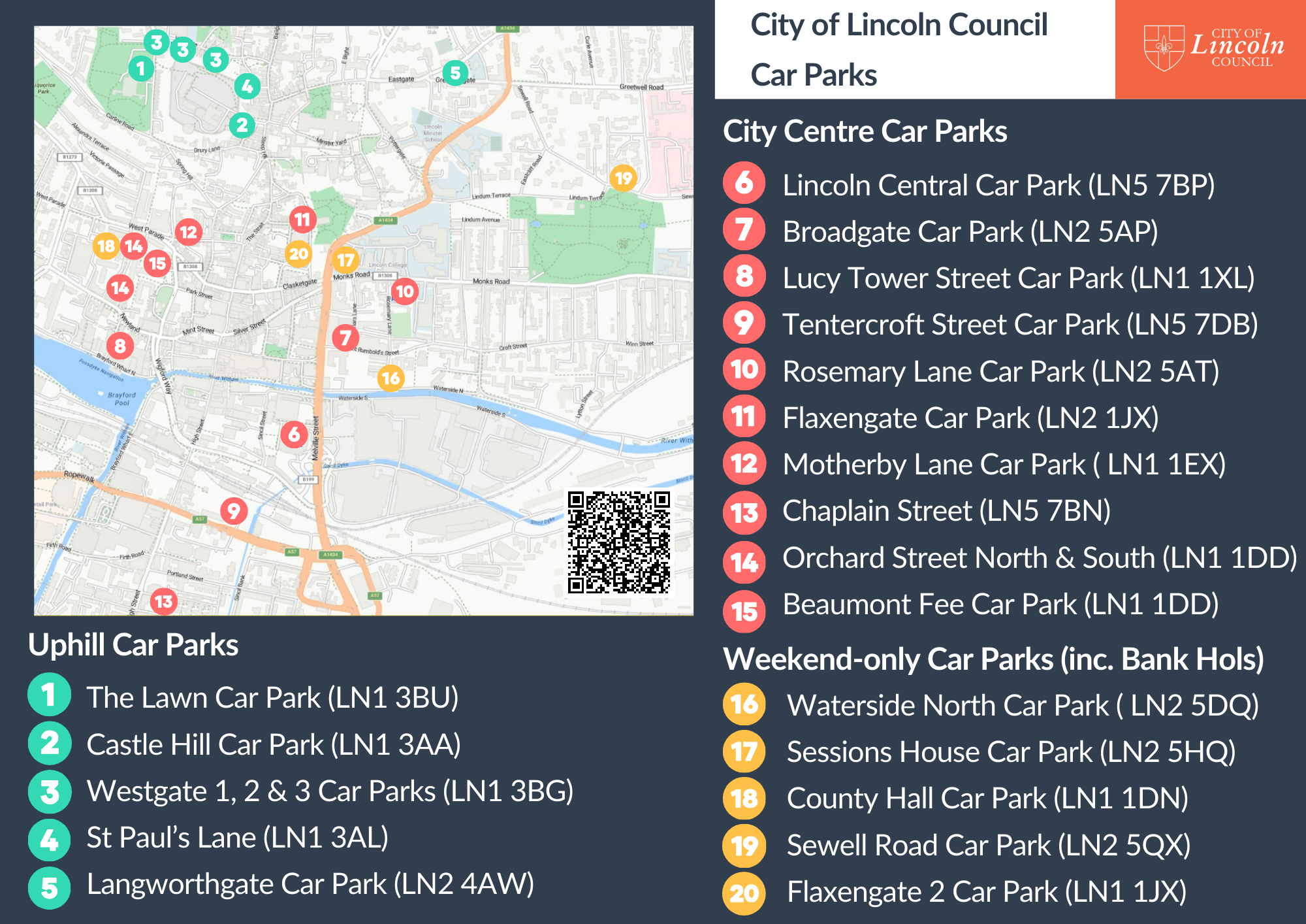 Map of Lincoln with list of City of Lincoln car parks