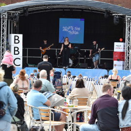 The Mainstage on City Square with a band playing on stage to an audience.
