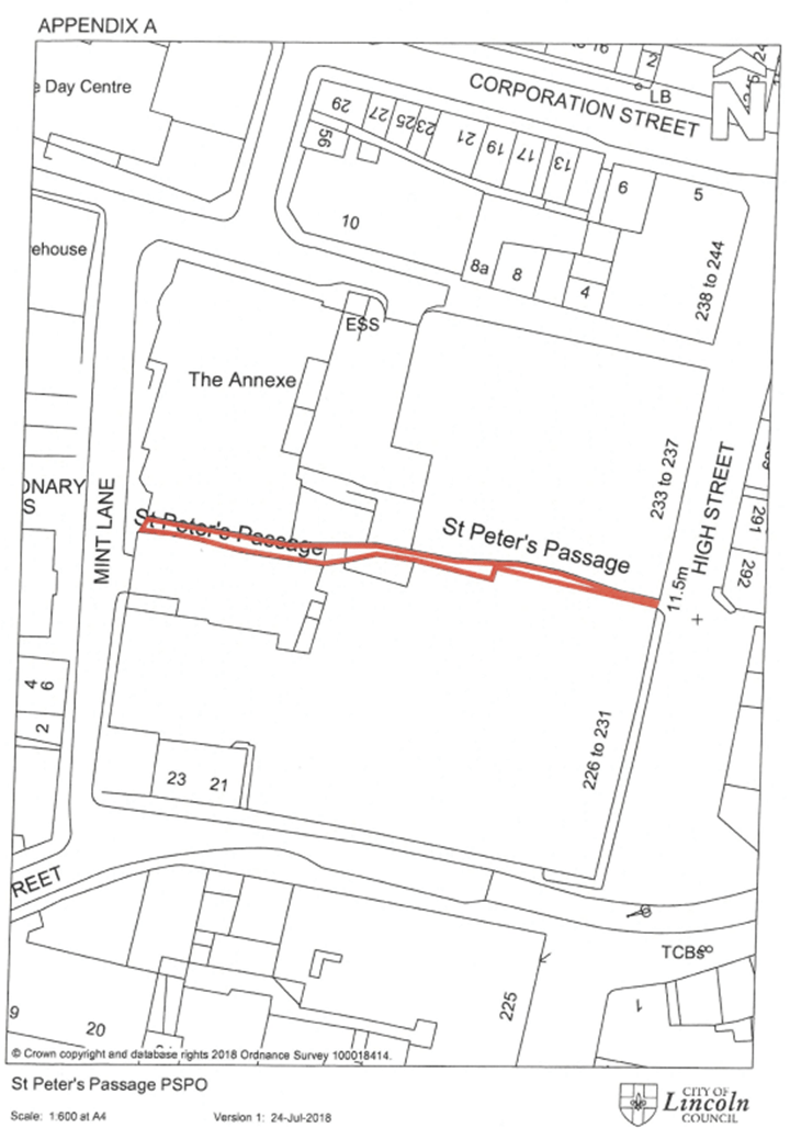 Map of the centre of Lincoln outlining the location of St Peters Passage