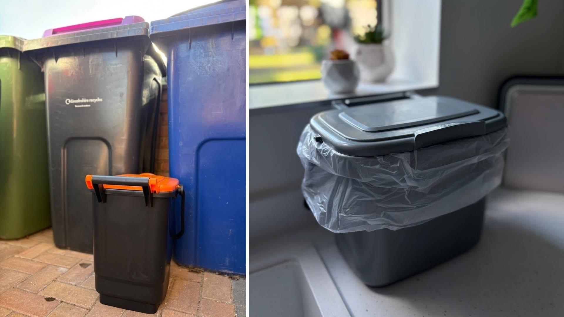 A split photo to show the orange lidded outdoor food waste caddy and the smaller grey indoor food waste caddy.