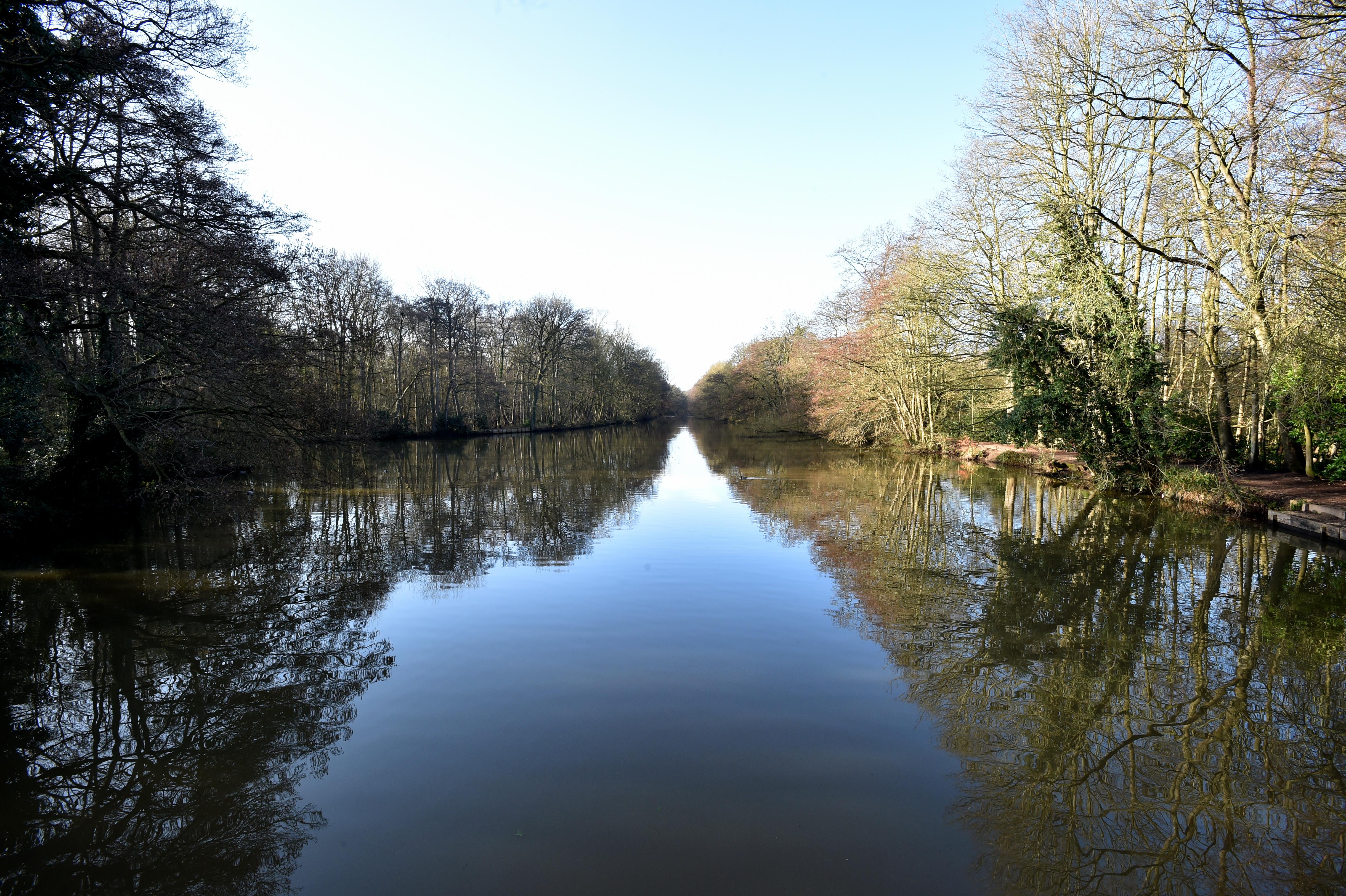 A photo of a lake with trees on either side, their reflection can be seen in the water.