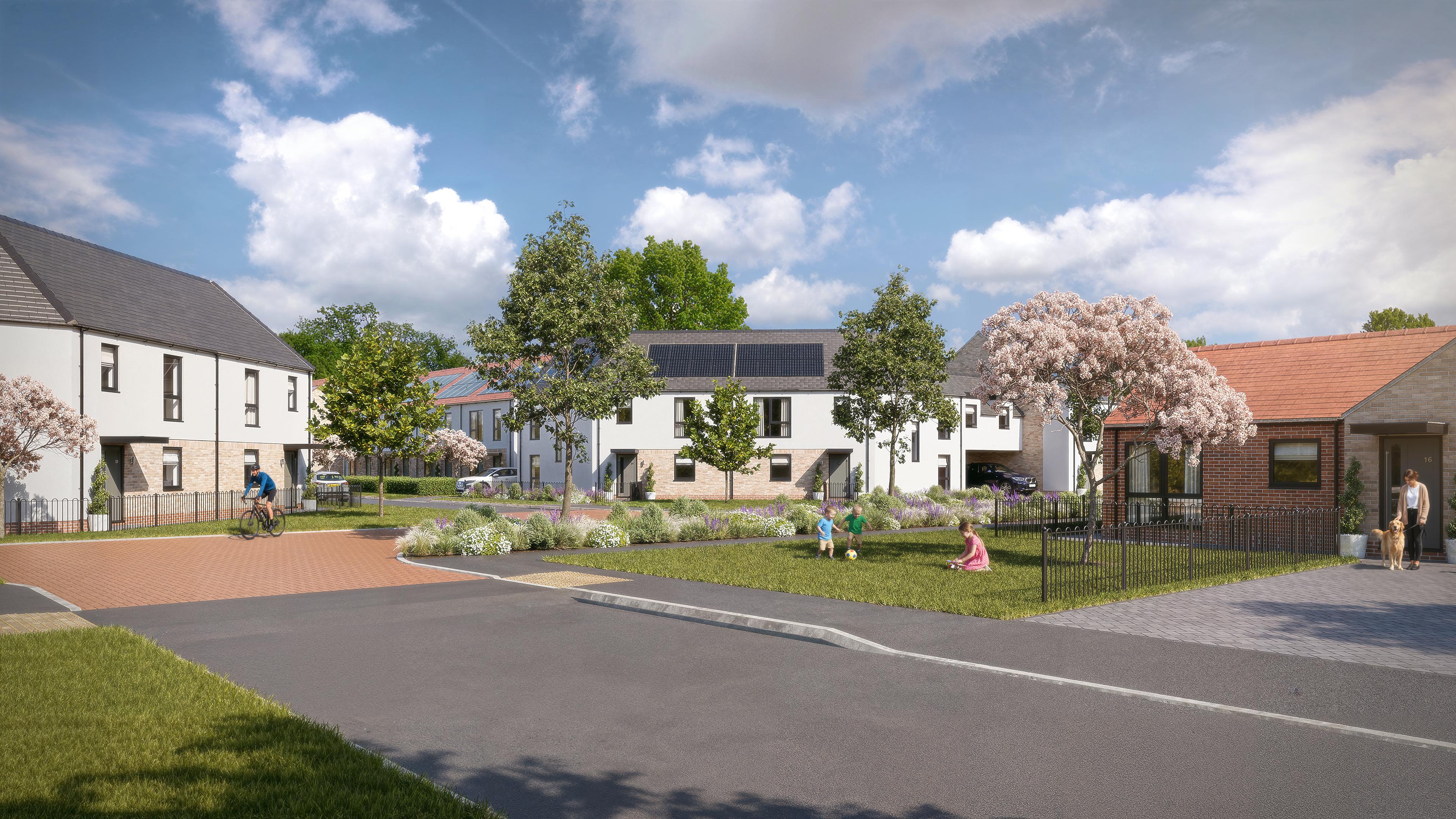 A CGI image of a new community of modern houses.
