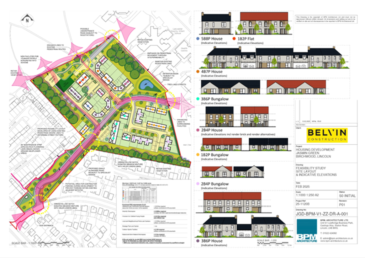 On the left side of the page there is a sketched aerial map of what the Jasmin Green development will look like. This includes the tops of the houses, the gardens, the roads and the shared open spaces. On the right side of the page there are sketches of