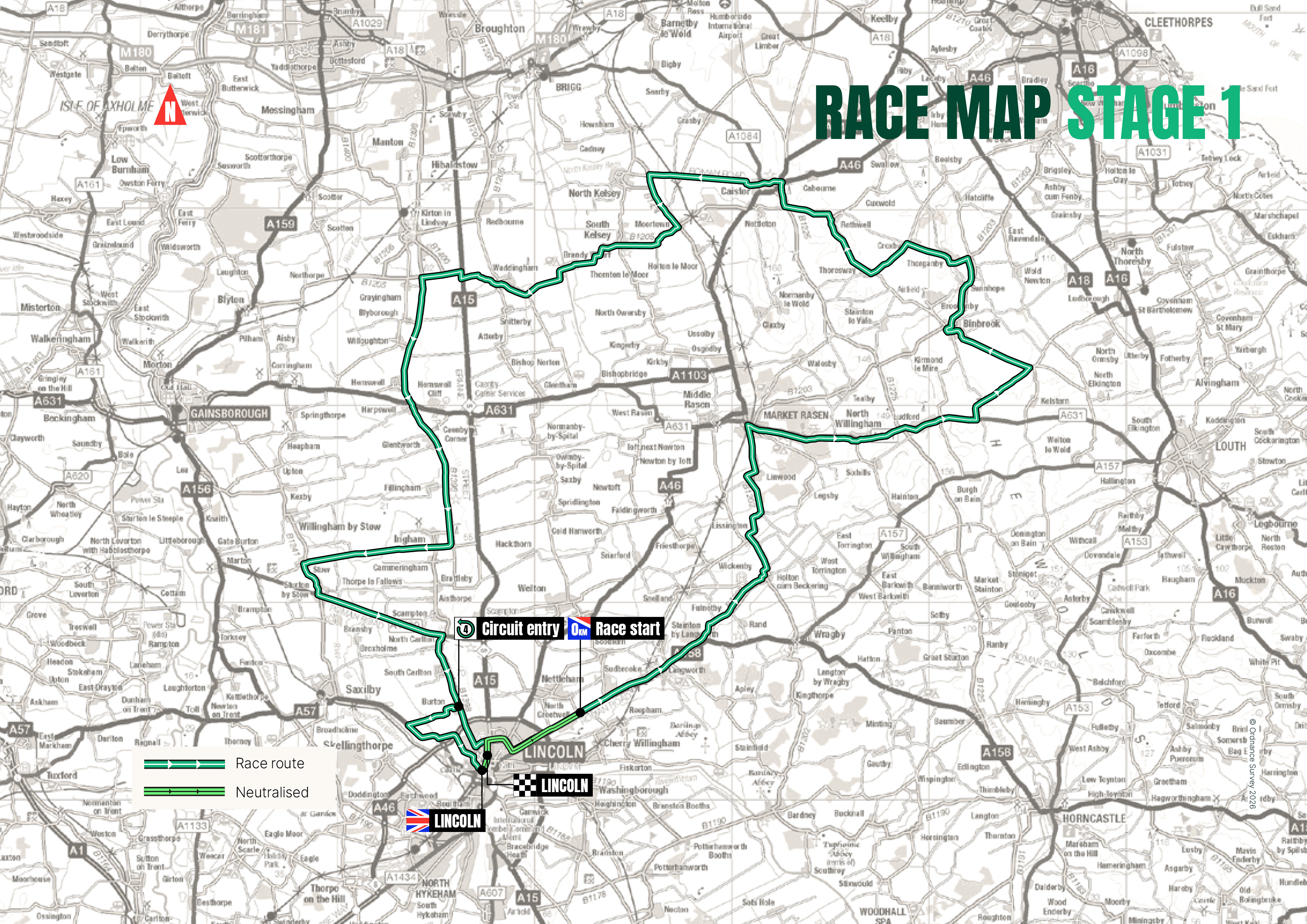 A map of the first stage of the men's Tour of Britain taking place in Lincoln.