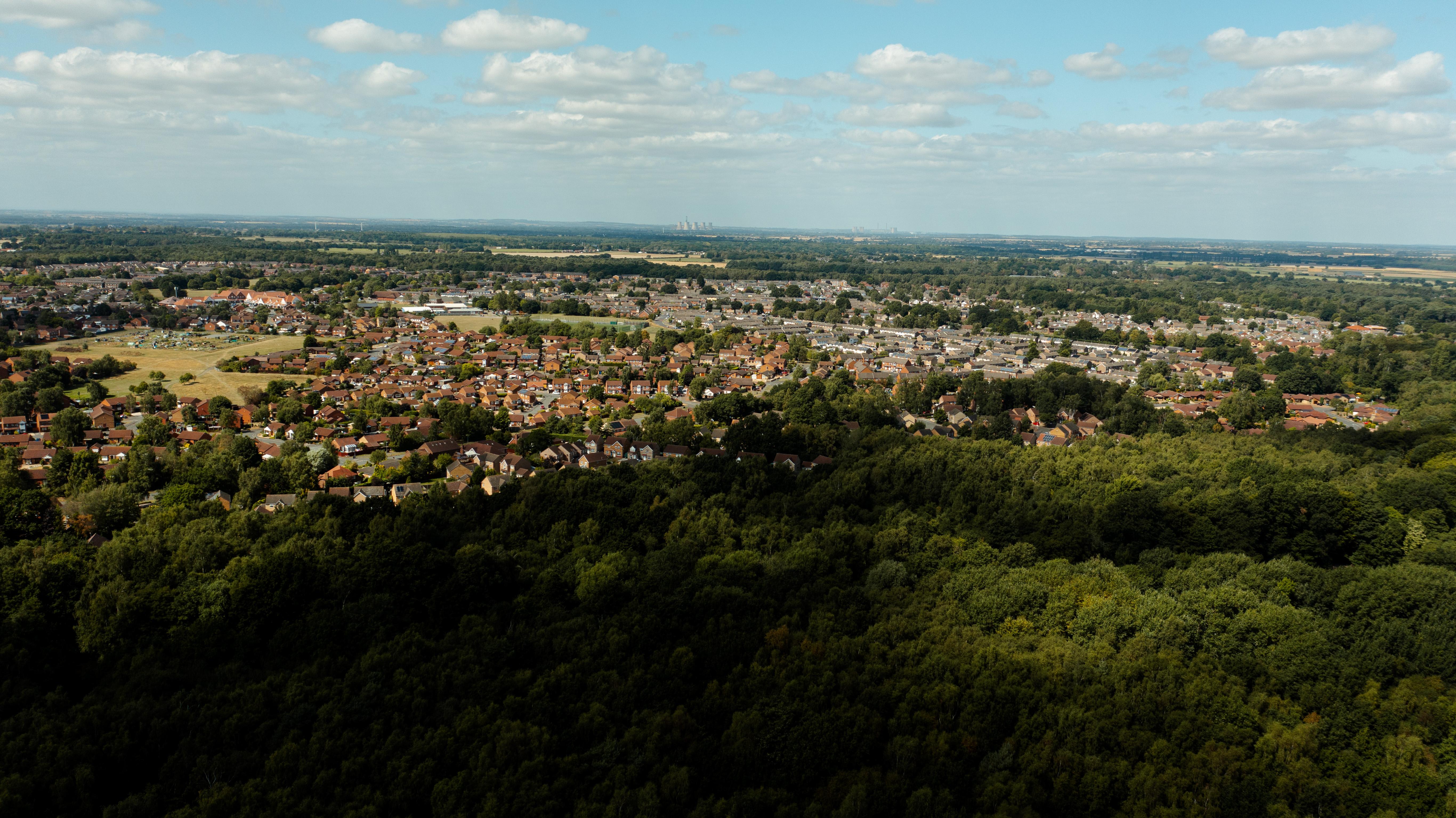 A drone shot of houses in the city centre.