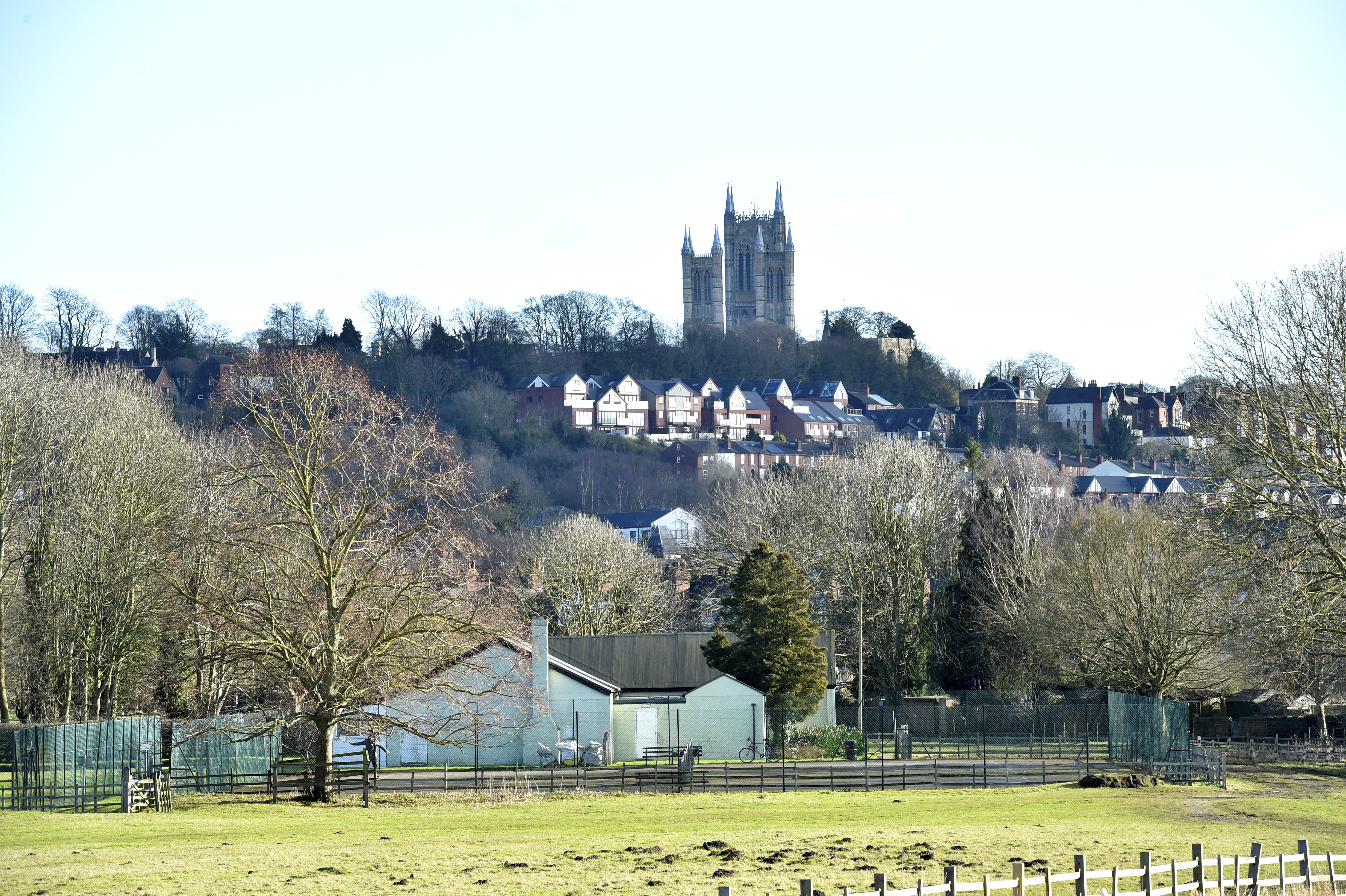 A photo taken of Lincoln Cathedral behind houses from West Common.