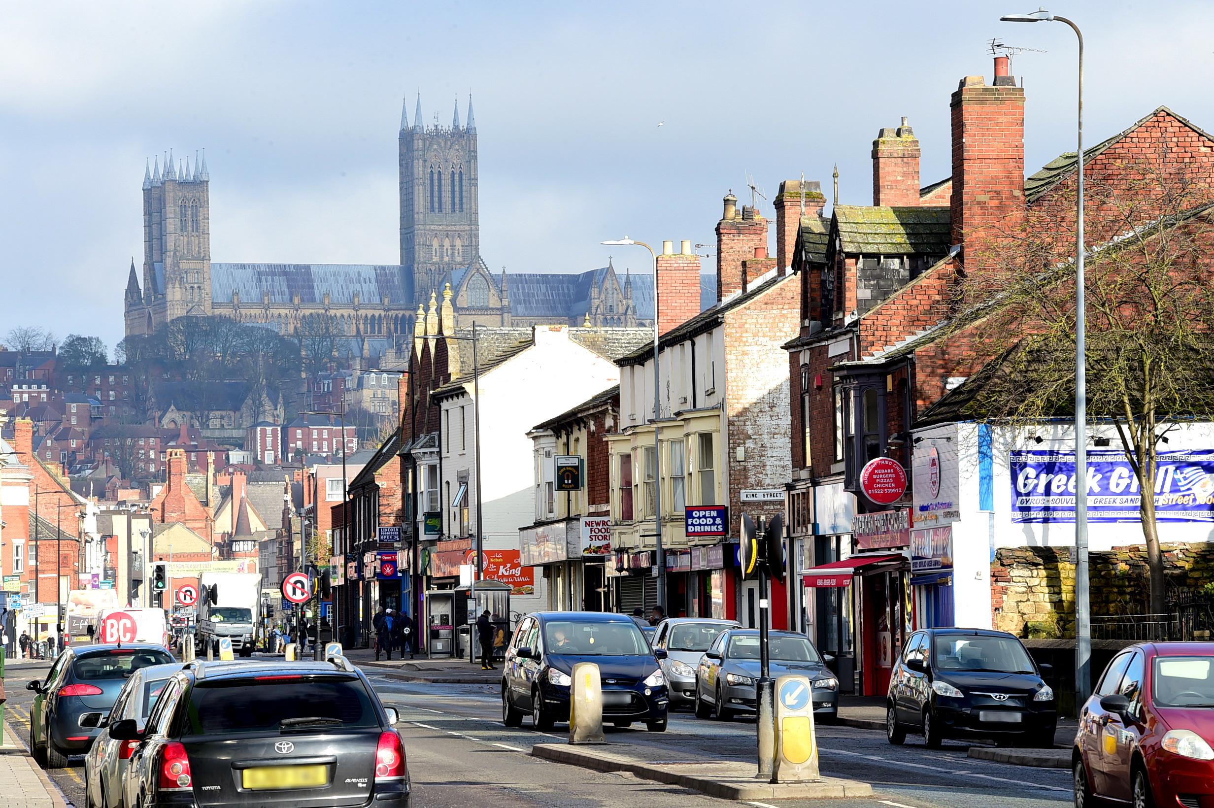 Lincoln High Street facing the cathedral in the background