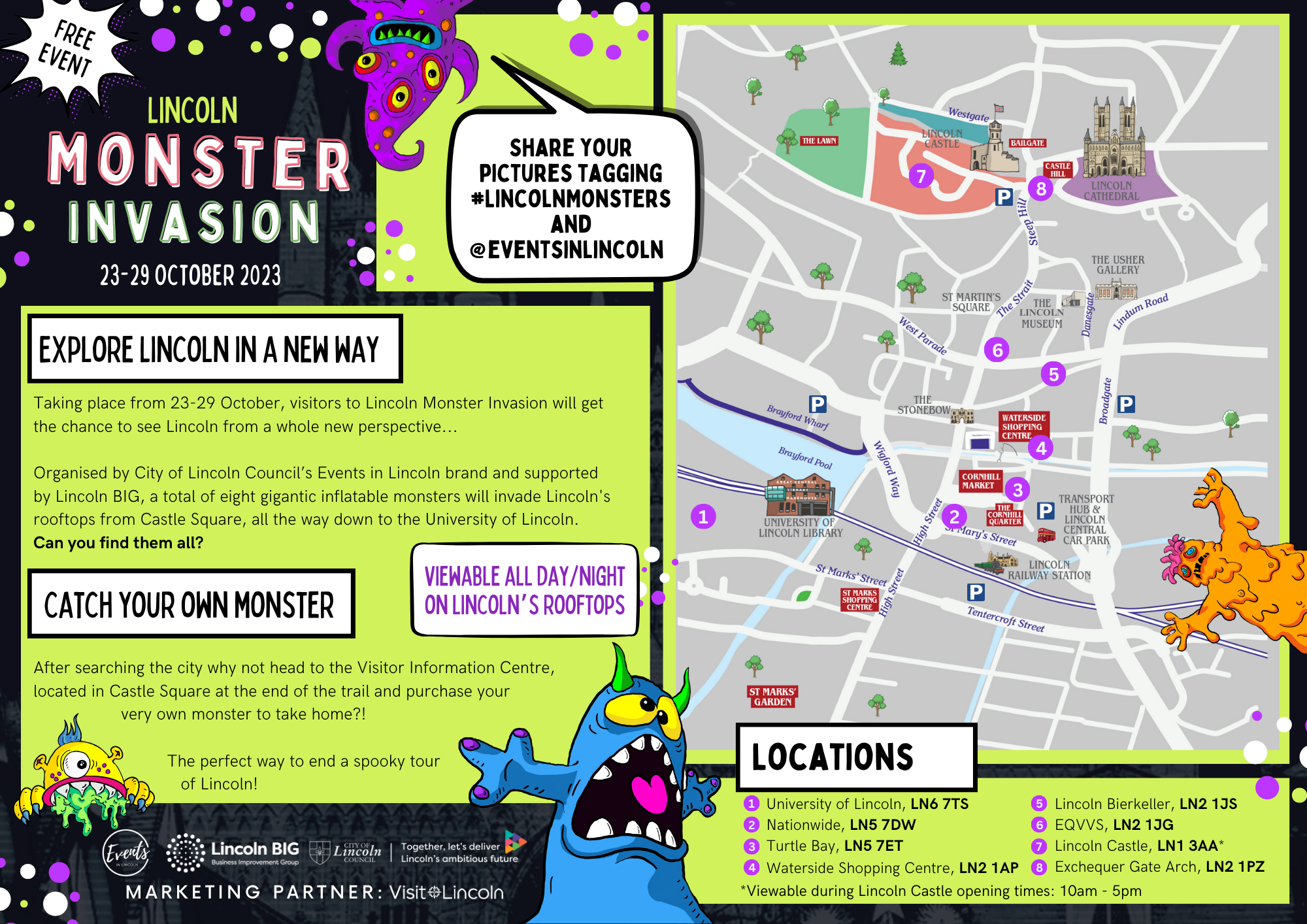 Lincoln Monster Invasion Map with eight locations on a map of Lincoln