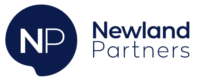 The initials ‘NP’ in a big navy coloured bubble with the words “Newland Partners alongside it.