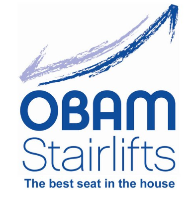 The logo is two blue ticks with the name ‘Obam stairlifts’ followed by the tag line “The best seat in the house”.