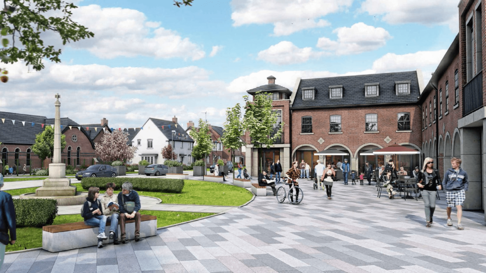 Artist’s’ impression of what Charterholme may look like in the future, shows a busy pedestrianised area with shops and a café, people walking past and people sitting on a bench near a patch of grass.