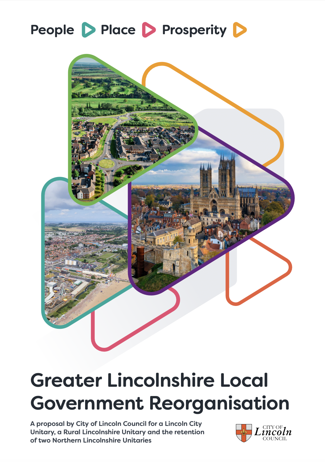 The front cover of CoLC's LGR proposal with six horizontal triangles, three with images of Linconshire inside.