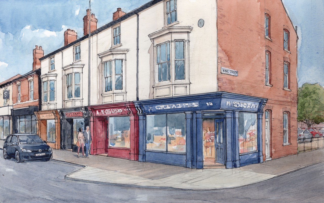 Architects impression of corner shops on Lincoln high street