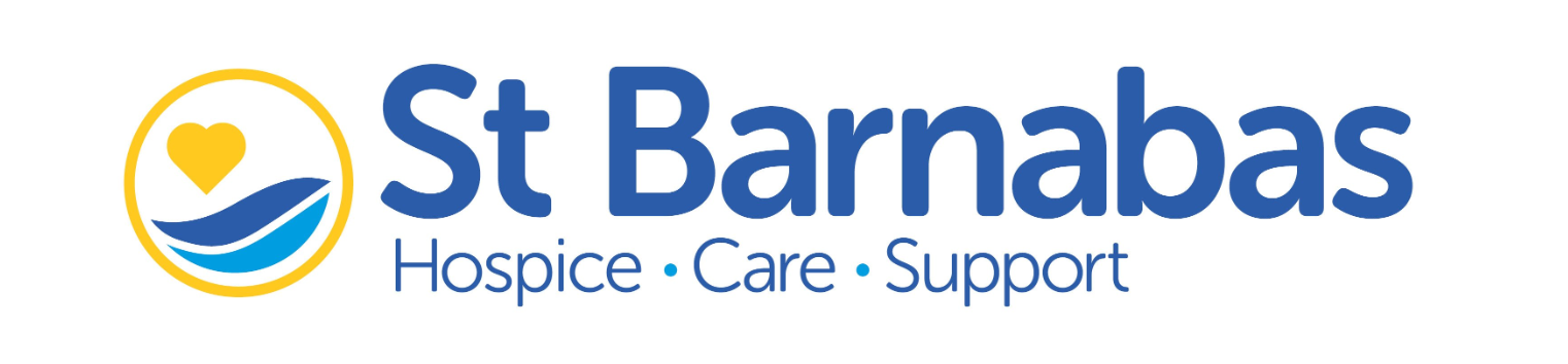 The logo is a yellow circle featuring a yellow hear and two blue squiggles. The words “St Barnabas” appear in large letters alongside it. Underneath, there are smaller letters saying the words “Hospice – care – support”.