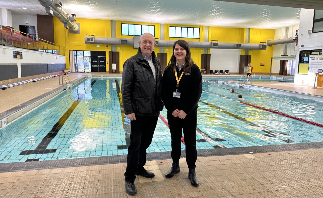 Cllr Bob Bushell and Harriet Barker stood by the Yarborough Leisure Centre Pool