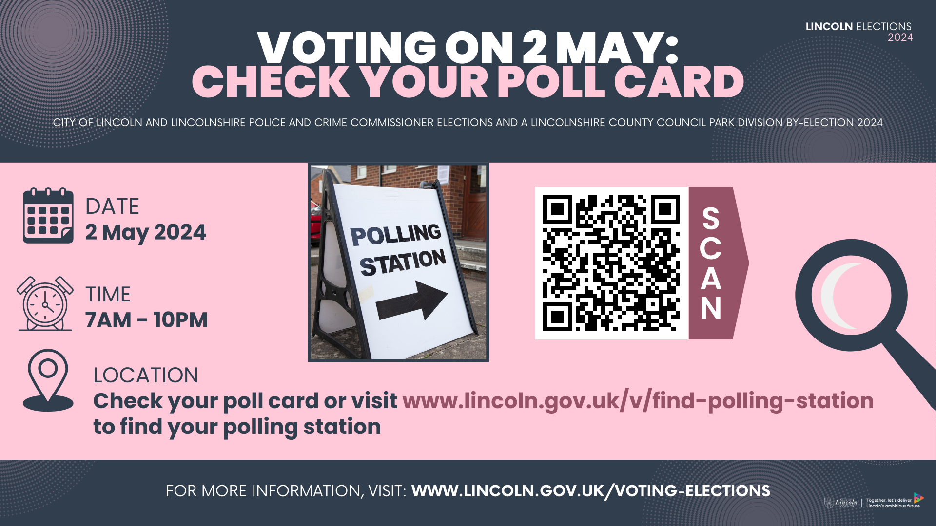 Voting graphic highlighting polling station date, time and link to find your polling station
